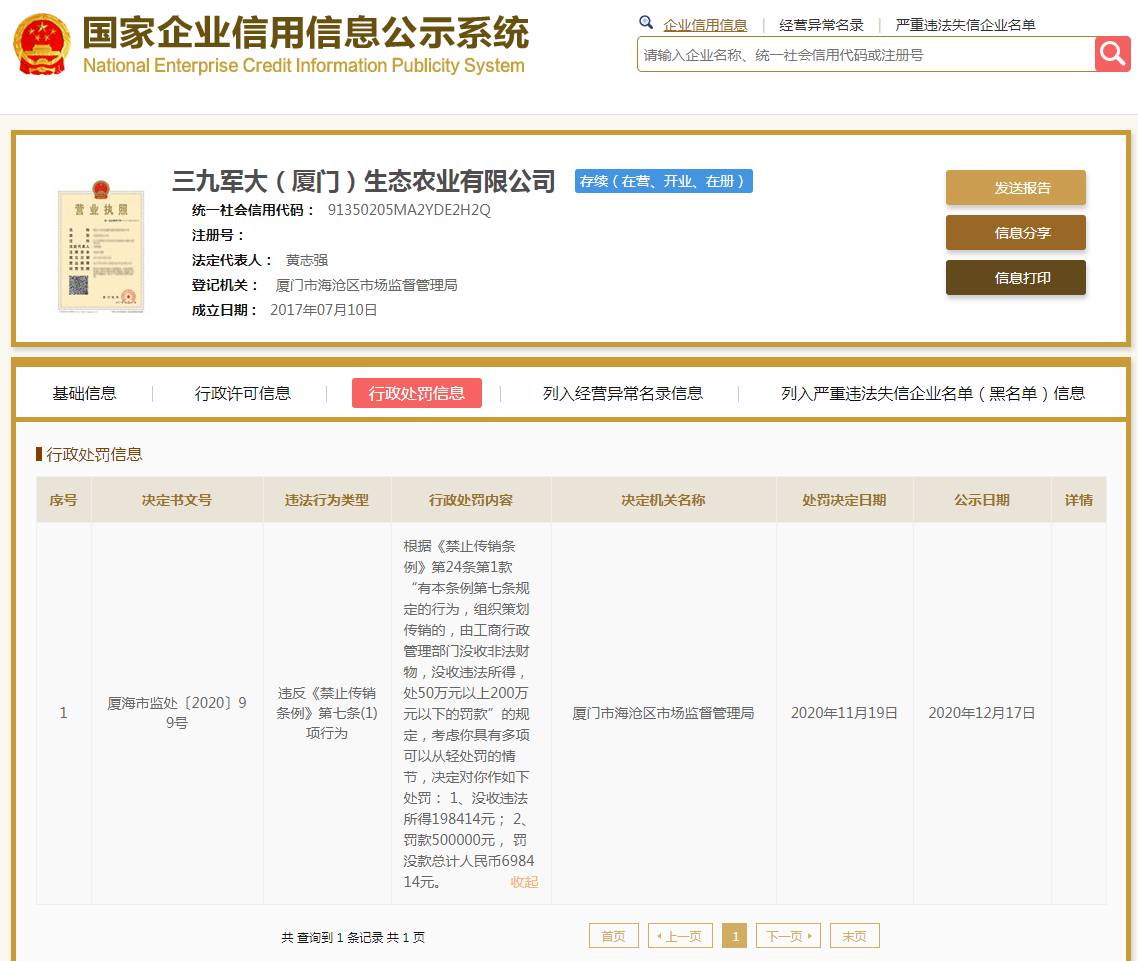 三亿体育|
三九军大（厦门）生态农业有限公司因涉嫌传销 被罚没70余万元(图3)